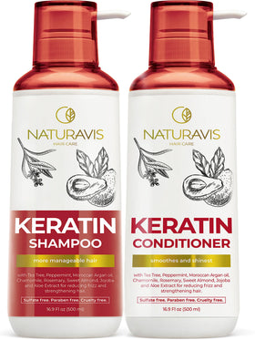 Naturavis Keratin Shampoo bottle promotes silky, frizz-free hair in a refreshing lather.