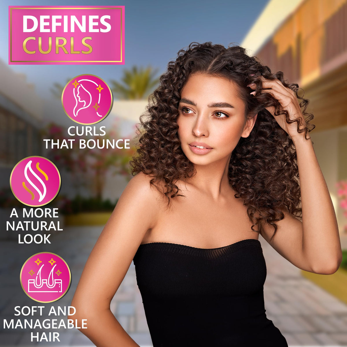 Lifestyle shot of Naturavis curly set enhancing curl definition in natural light.