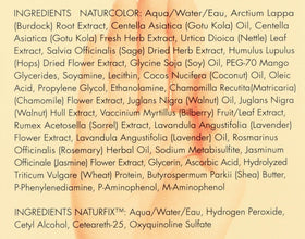 Naturcolor botanicals show burdock root, sage, lavender, rosemary indicating nourishing ingredients for gentle color.