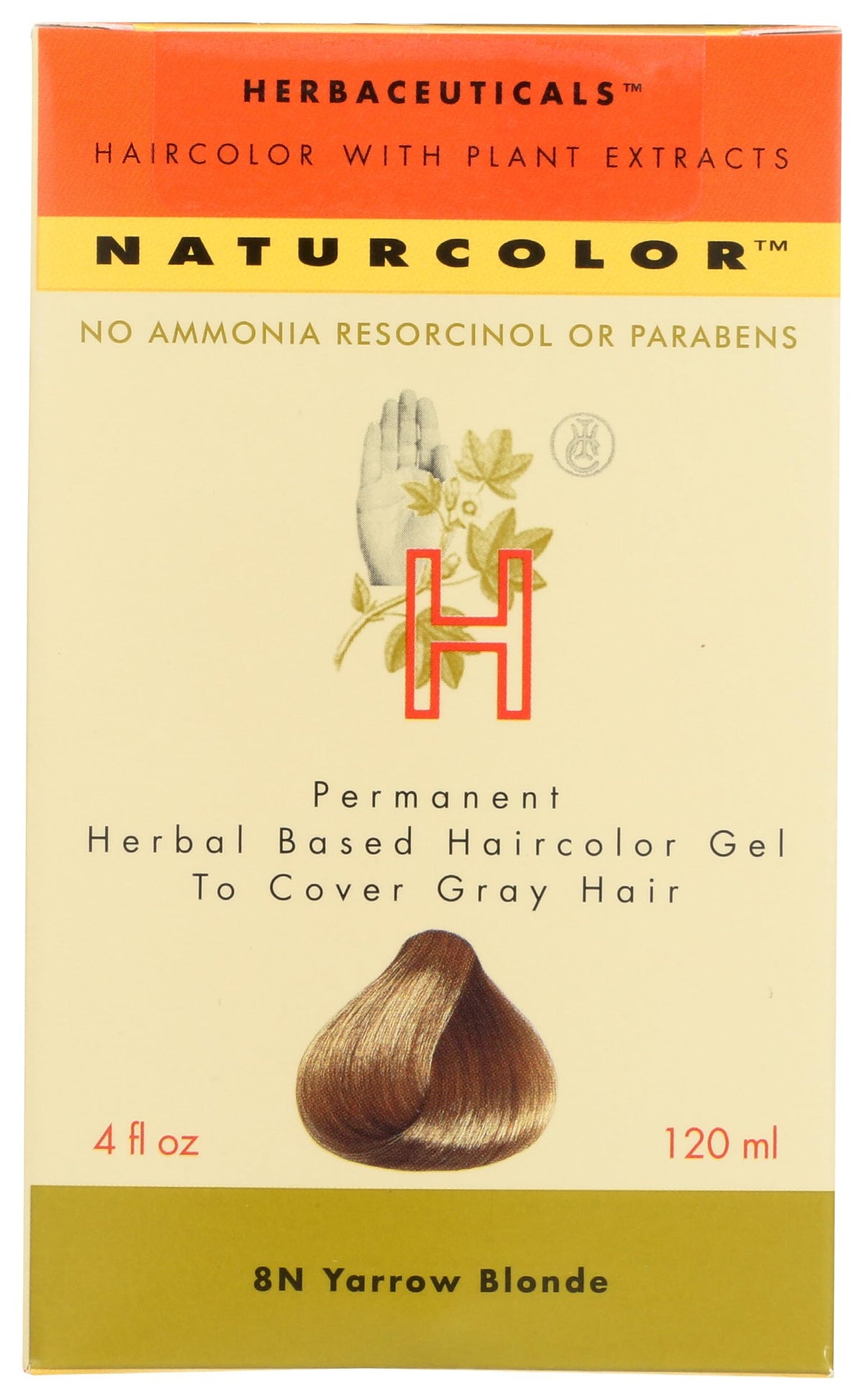 Naturcolor Yarrow Blonde bottle shows nourishing herbal formula for rich gray coverage.