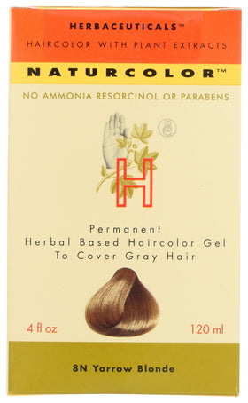 Naturcolor Yarrow Blonde bottle shows nourishing herbal formula for rich gray coverage.