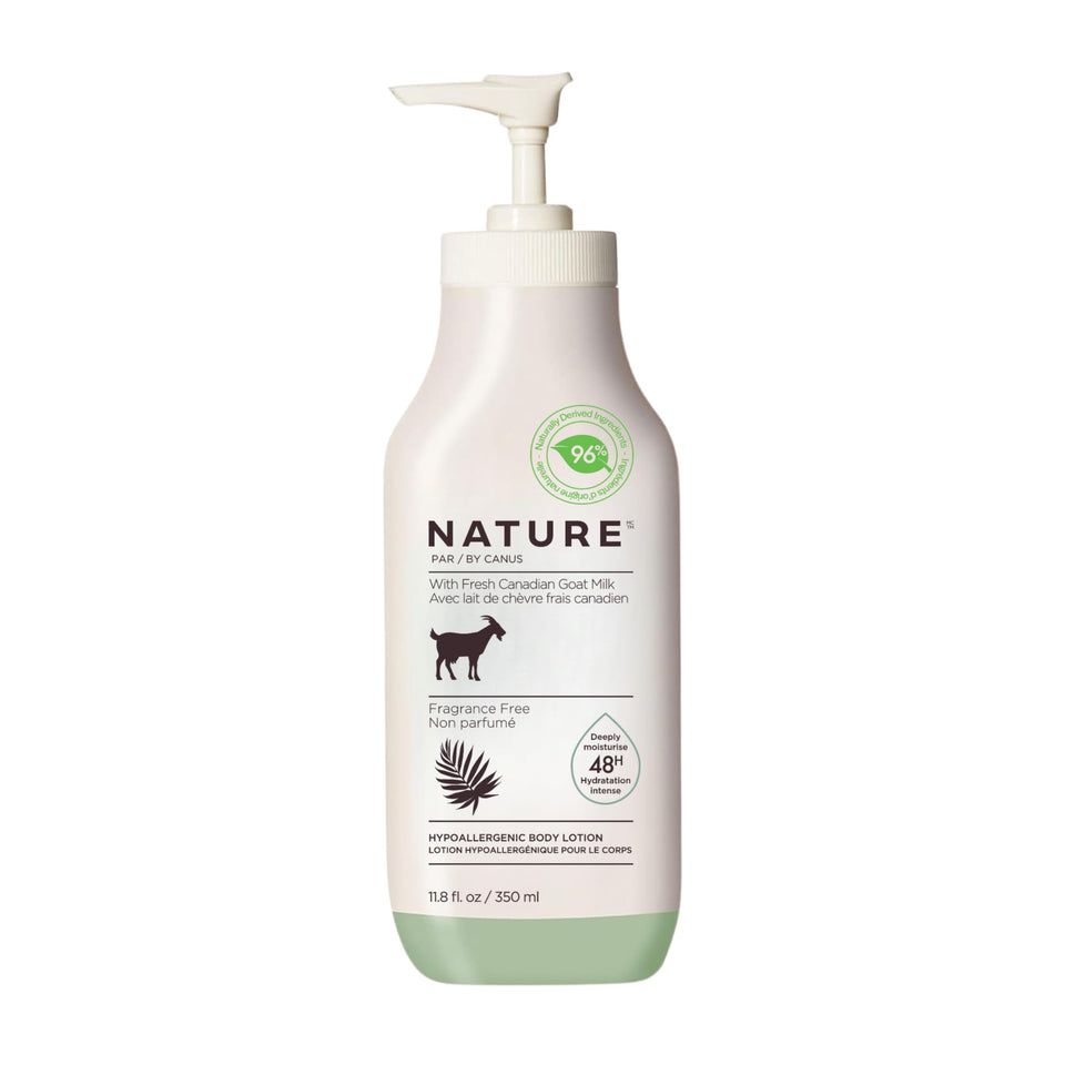 Nature by Canus Goat Milk Lotion bottle-front showing fragrance-free hydration for sensitive skin