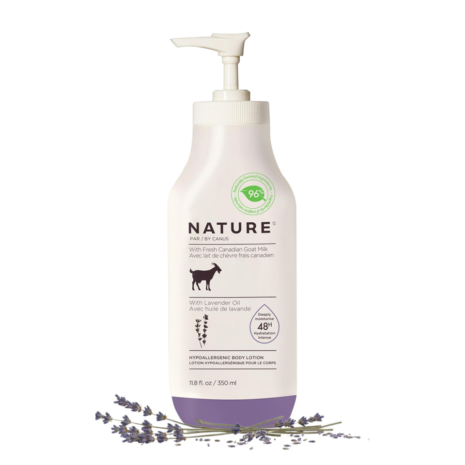 Nature by Canus Goat Milk Lotion bottle delivers lasting moisture with calming lavender.