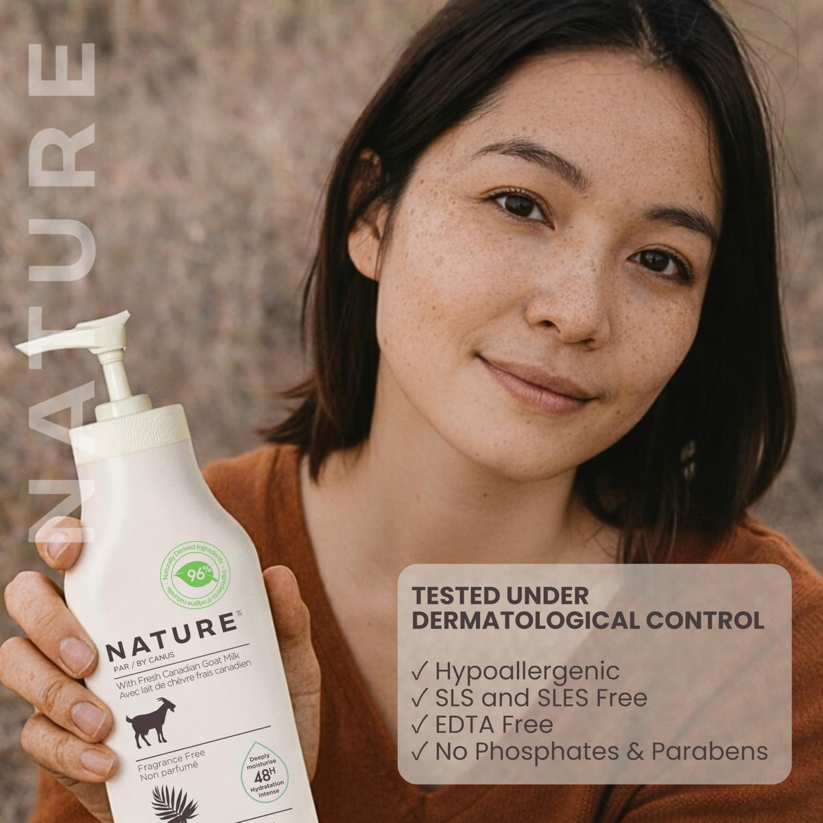 Nature by Canus Goat Milk Lotion ingredients-panel with goat milk and glycerin