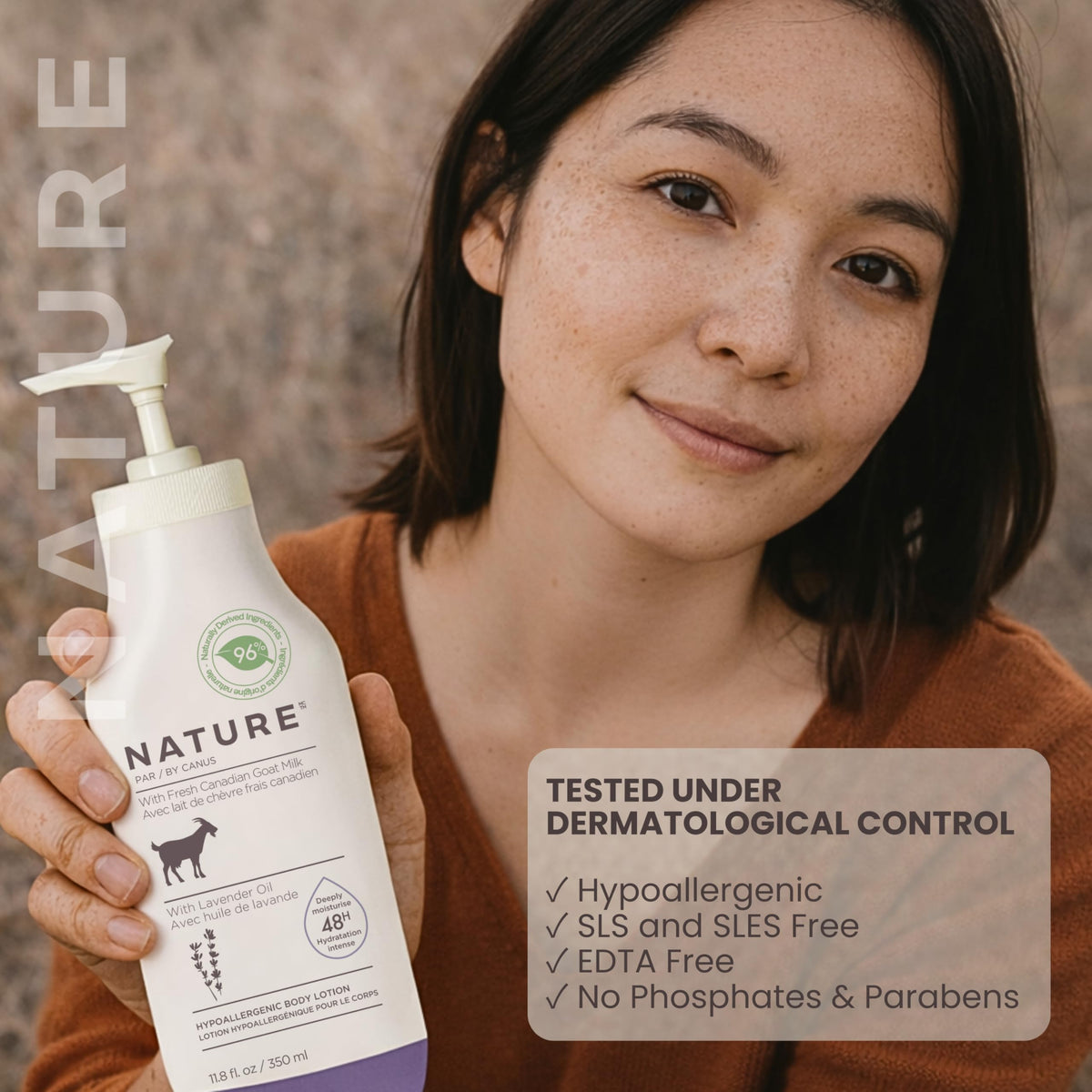 Nature by Canus lotion applied on skin for daily dry-skin relief on arms and legs.