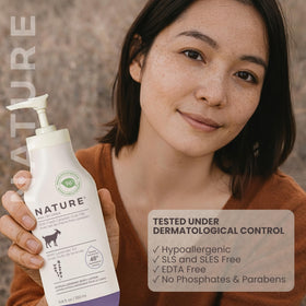 Nature by Canus lotion applied on skin for daily dry-skin relief on arms and legs.