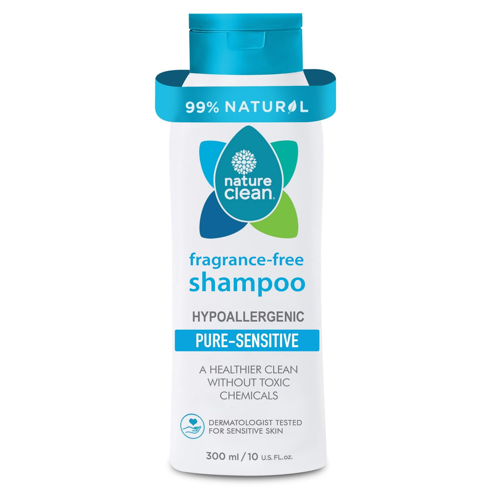 Nature Clean fragrance-free shampoo bottle on bathroom shelf, gentle cleanse for sensitive skin