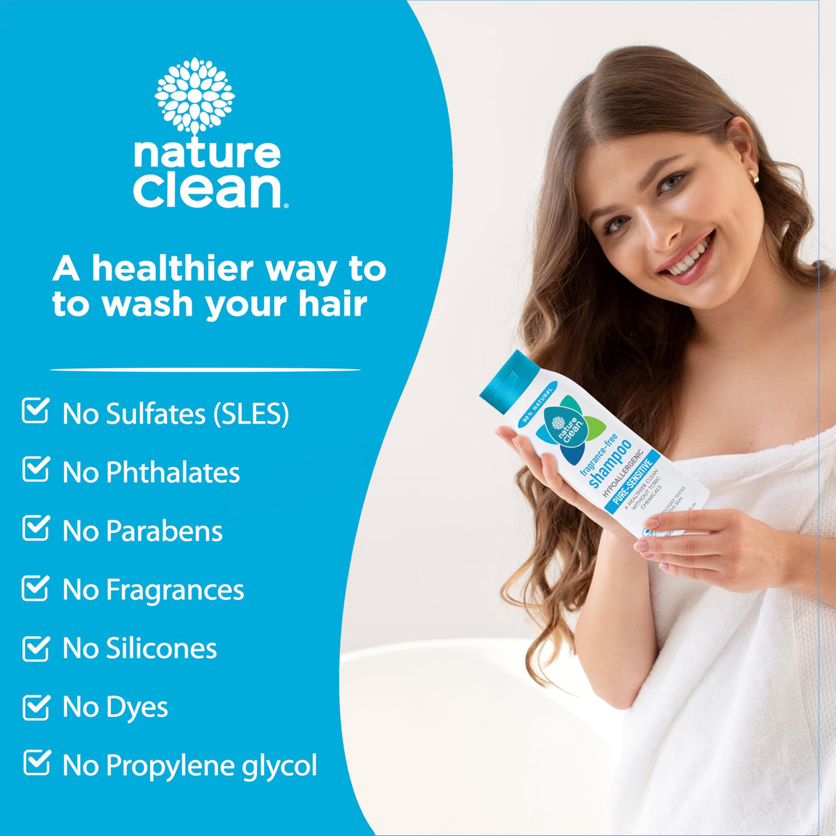 Nature Clean unscented shampoo bottle close-up, sulfate-free formula for daily use