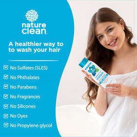 Nature Clean unscented shampoo bottle close-up, sulfate-free formula for daily use