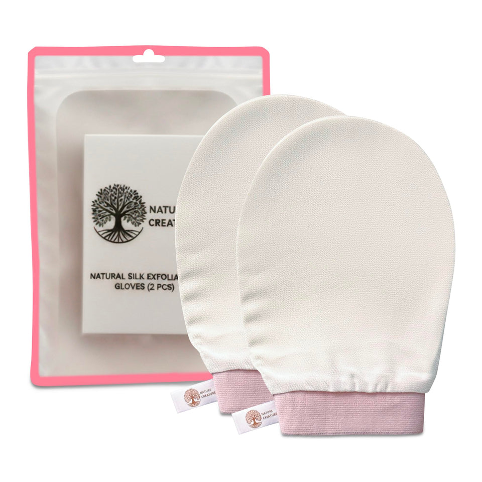 Nature Creature vegan silk exfoliating glove set — front view for gentle, effective body exfoliation.