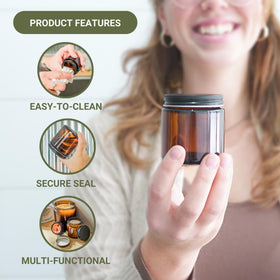 Nature Packaged amber jar 4oz lid on for leak proof storage.