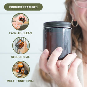 Nature Packaged amber jar with black lid keeps products sealed during travel