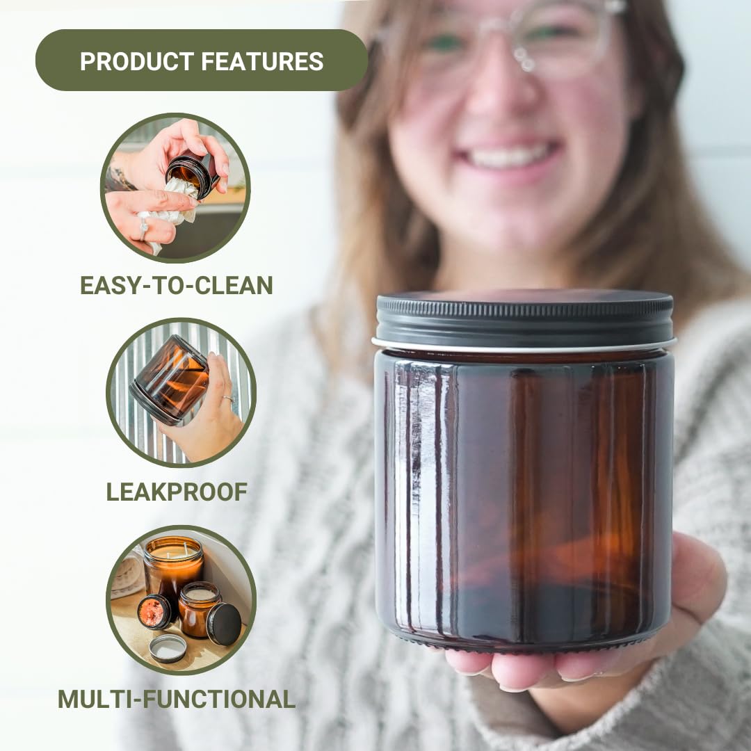 Nature Packaged amber jar with black lid provides a leak-proof seal for travel.