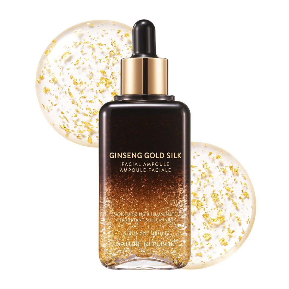 Nature Republic Ginseng Gold Silk Ampoule bottle for luxurious daily hydration and glow.