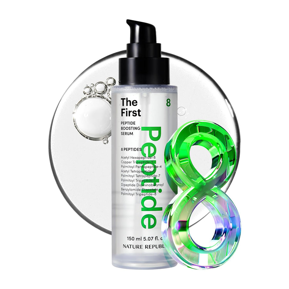 Nature Republic The First Peptide Boosting Serum bottle close-up highlights hydrating formula for smoother skin.