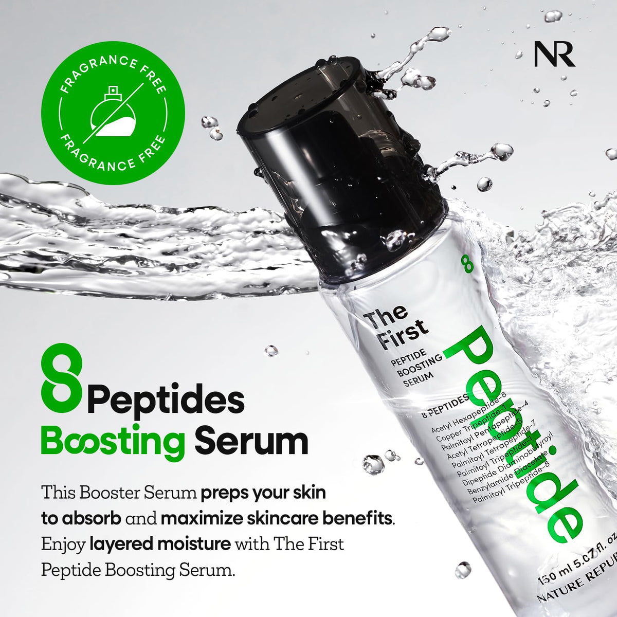 Nature Republic First Peptide Serum texture close-up notes lightweight, non-sticky feel for daily use.