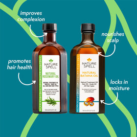 Nature Spell batana oil bottle highlighting hair shaft nourishment and moisture.