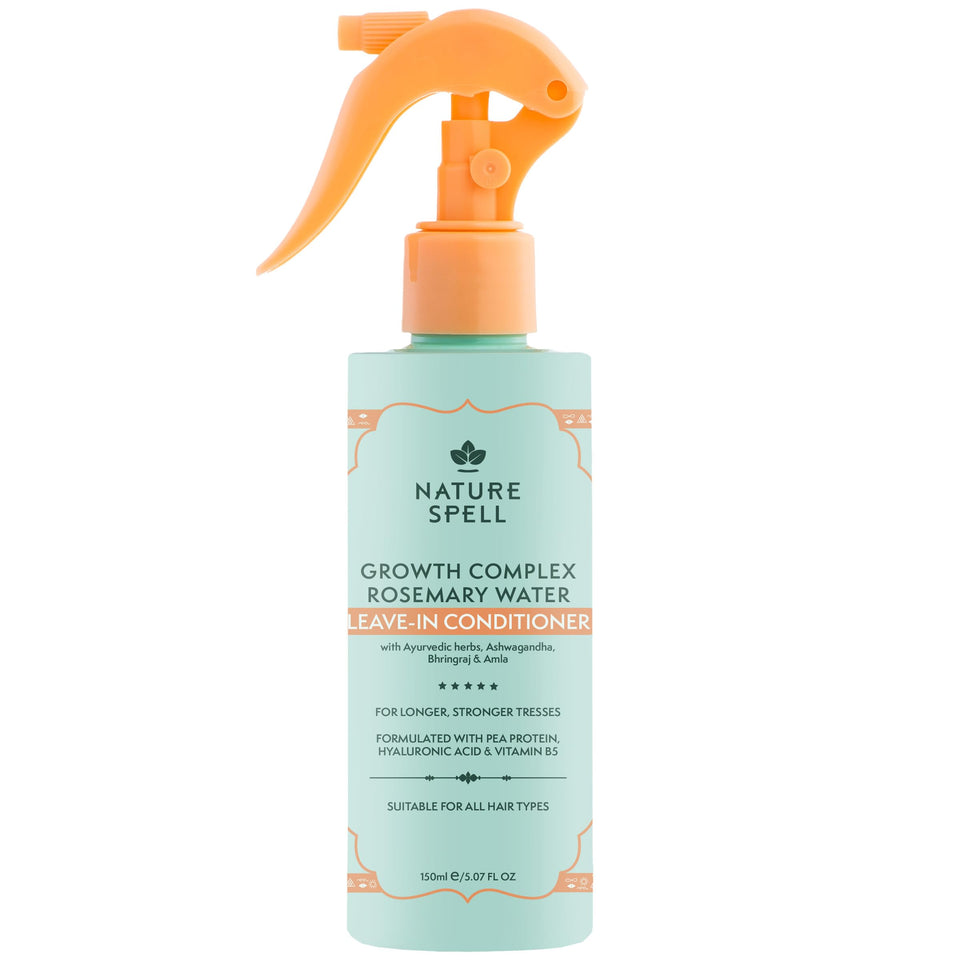 Nature Spell Rosemary Water Leave-In Bottle provides detangling and smoothness.
