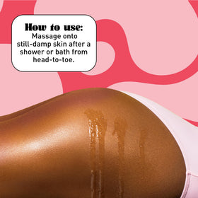 Beamy Brightening Oil droplets on skin indicate quick absorption.