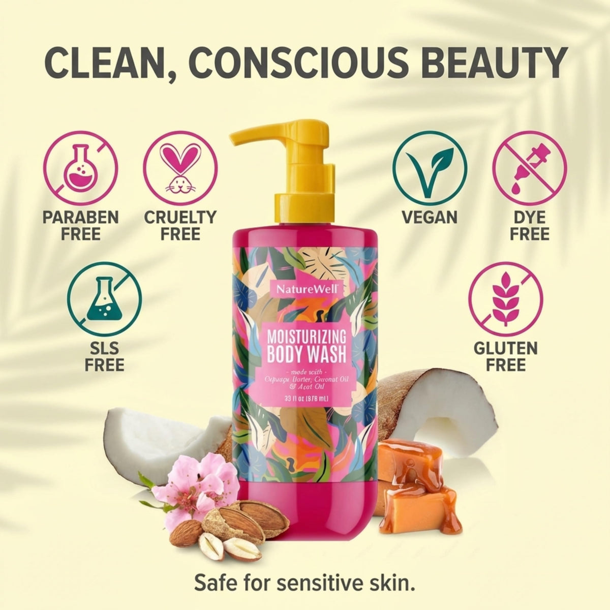 NATURE WELL Cheeky Moisturizing Body Wash in bathroom setting for daily routine.