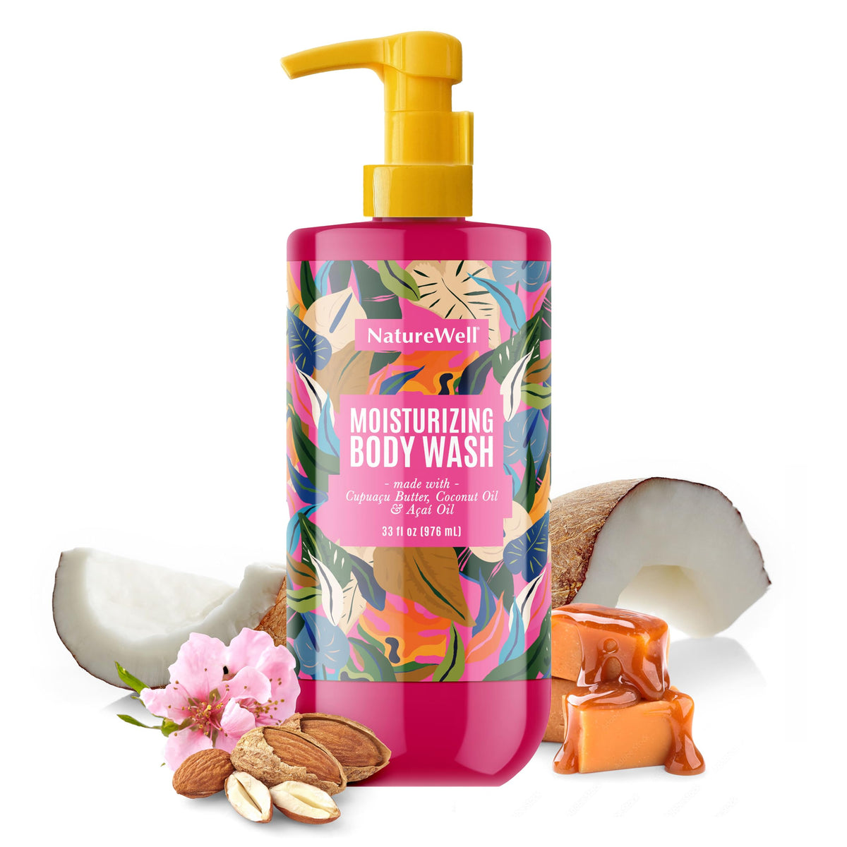 NATURE WELL Cheeky Moisturizing Body Wash bottle label with premium formula for intense hydration.