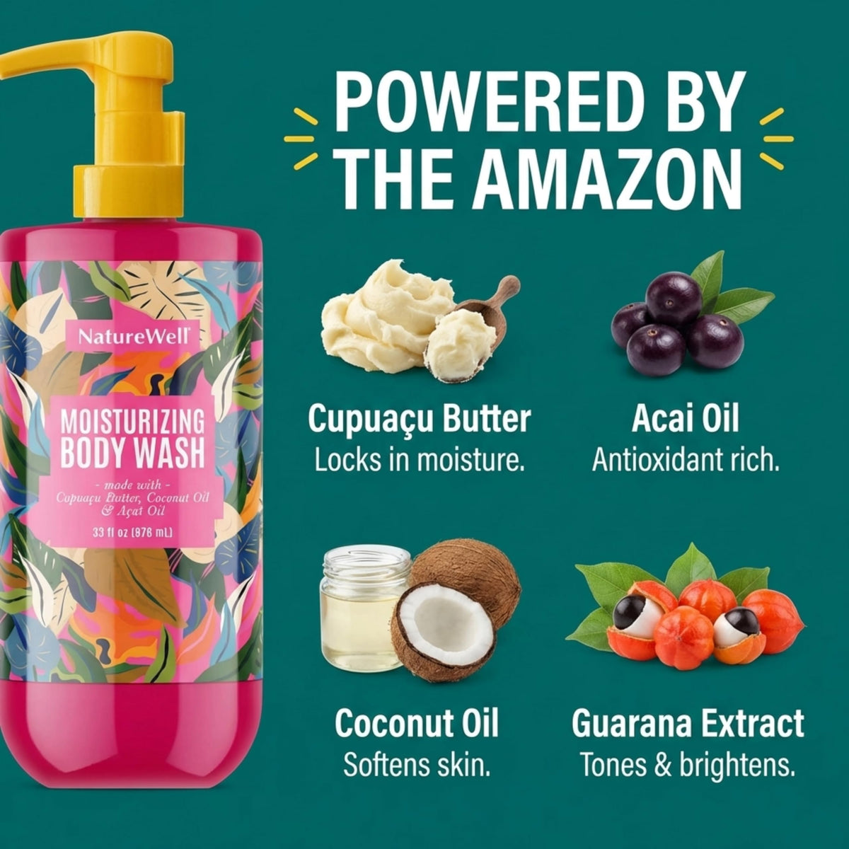 NATURE WELL Cheeky Moisturizing Body Wash cupuacu butter graphic signaling nourishment.