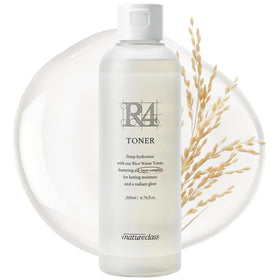 NATURECLASS R4 Hydrating Rice Toner bottle front promotes refreshed, hydrated skin.