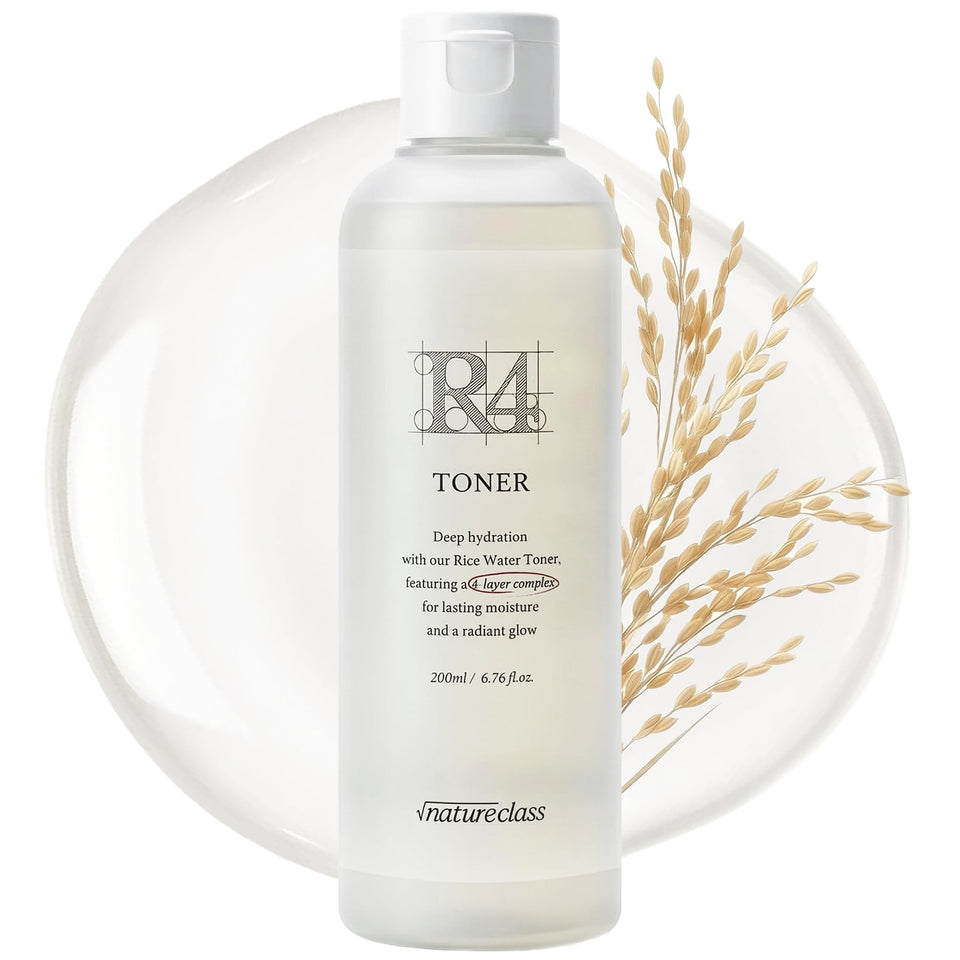 NATURECLASS R4 Hydrating Rice Toner bottle front promotes refreshed, hydrated skin.