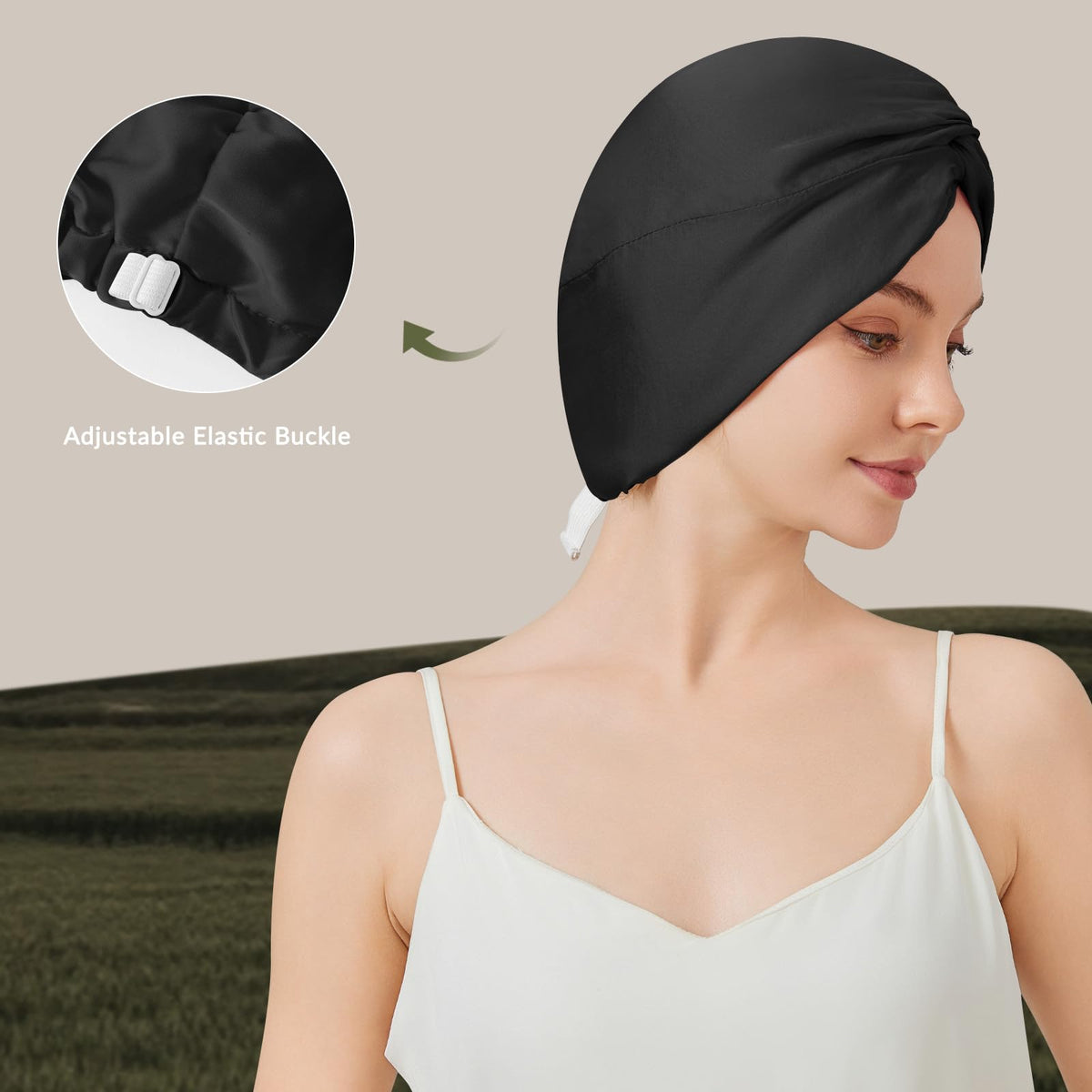 NatureKess silk bonnet with elastic band stays on securely all night.