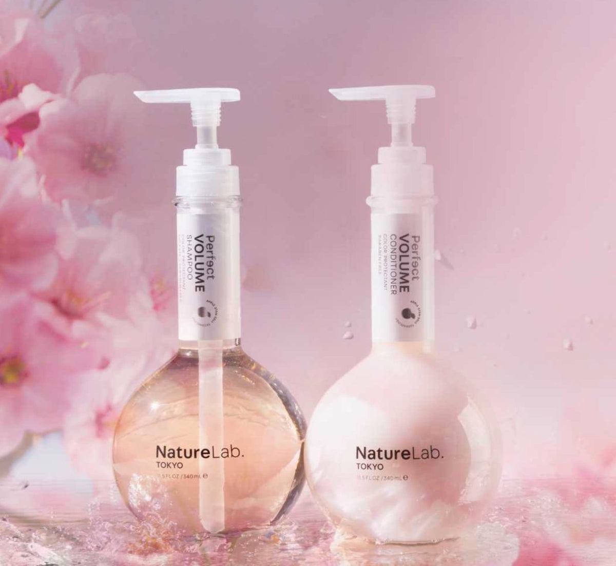 NatureLab.TOKYO Perfect Volume action shot shows lift and shine on fine hair.