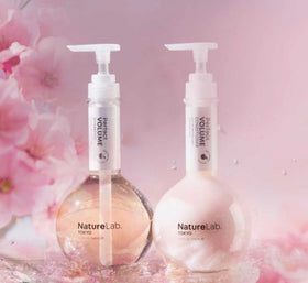 NatureLab.TOKYO Perfect Volume action shot shows lift and shine on fine hair.