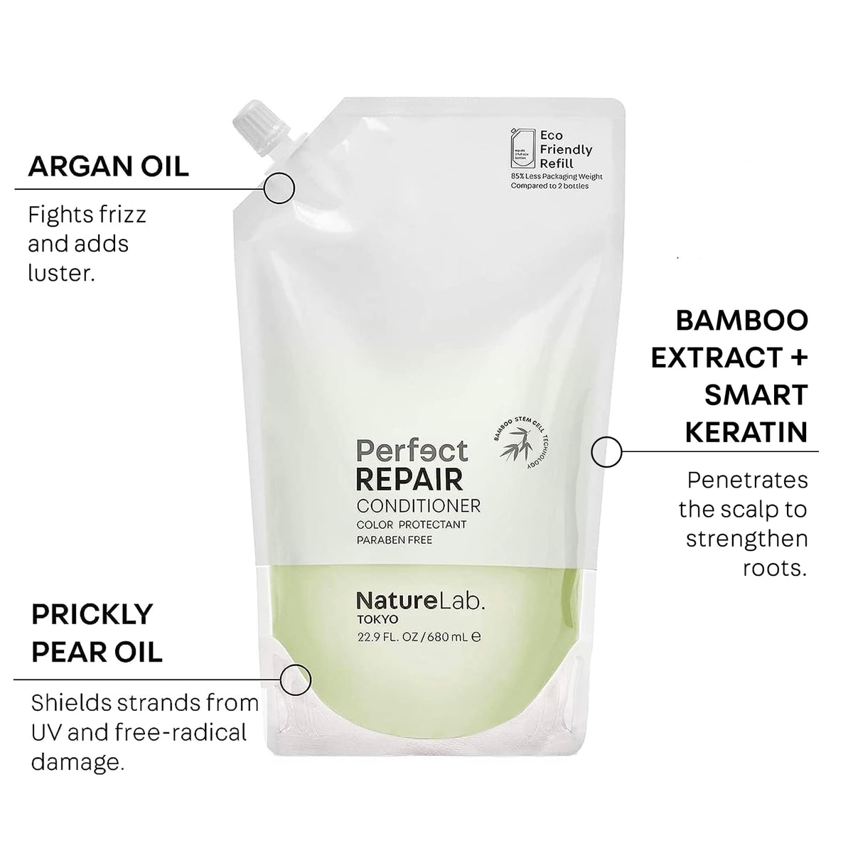 NatureLab Tokyo conditioner being applied to wet hair for deep nourishment.