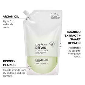 NatureLab Tokyo conditioner being applied to wet hair for deep nourishment.