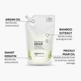 NatureLab.TOKYO Perfect Repair Shampoo being squeezed into hand for nourishing wash.