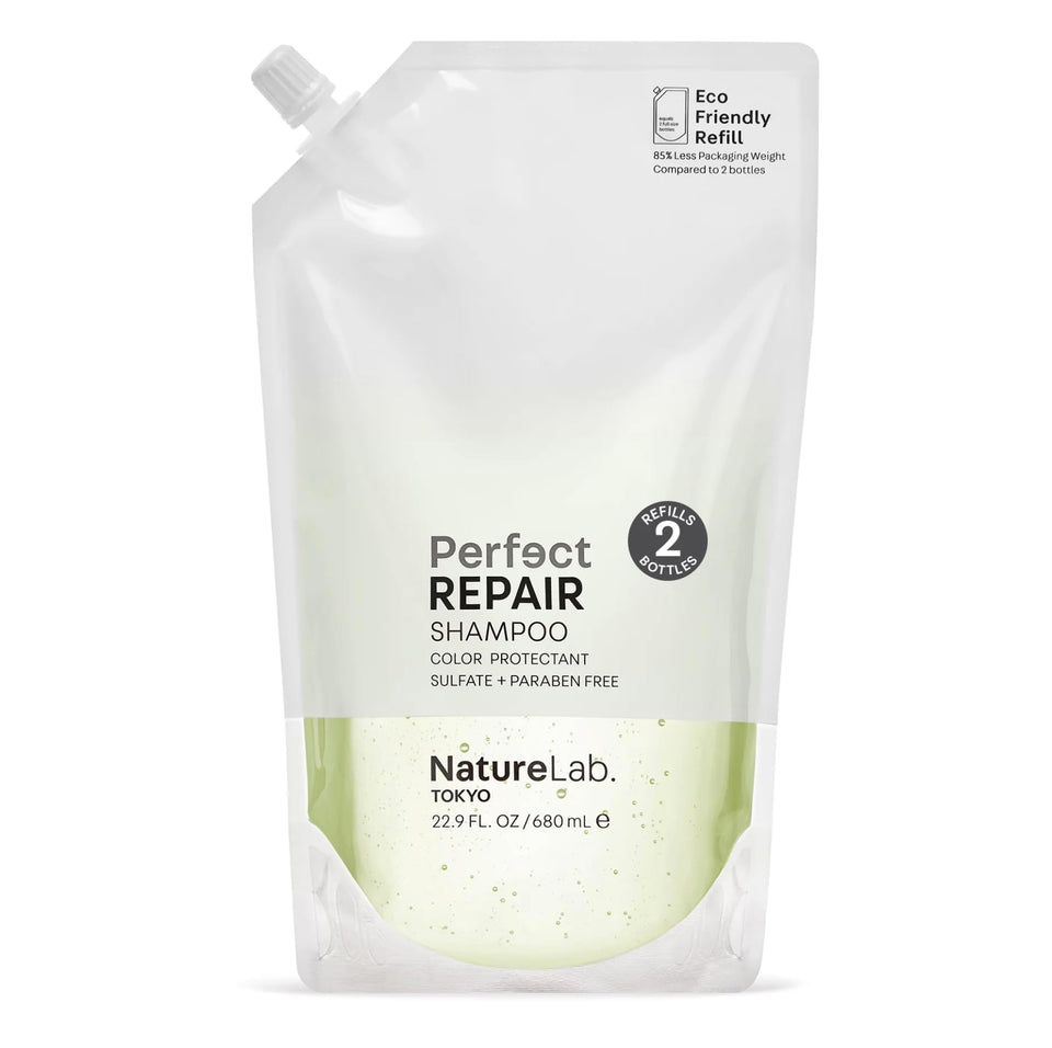 NatureLab.TOKYO Perfect Repair Shampoo bottle on shelf promotes color protection.