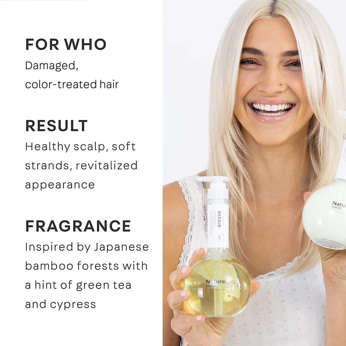 Close-up of NatureLab.TOKYO label highlights bamboo and keratin ingredients.