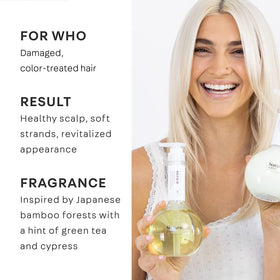Close-up of NatureLab.TOKYO label highlights bamboo and keratin ingredients.