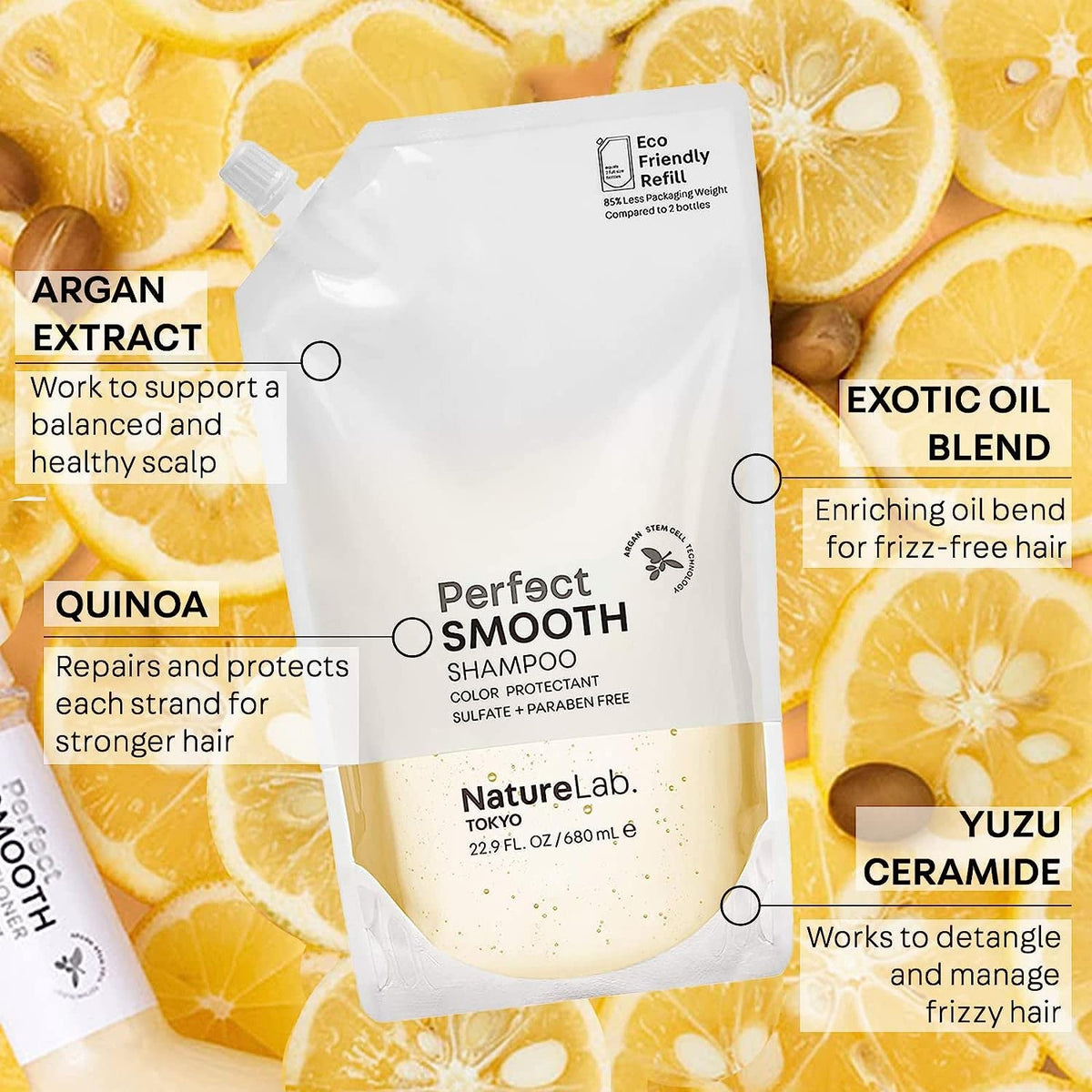 NatureLab TOKYO Perfect Smooth Conditioner bottle smooths strands and reduces frizz.