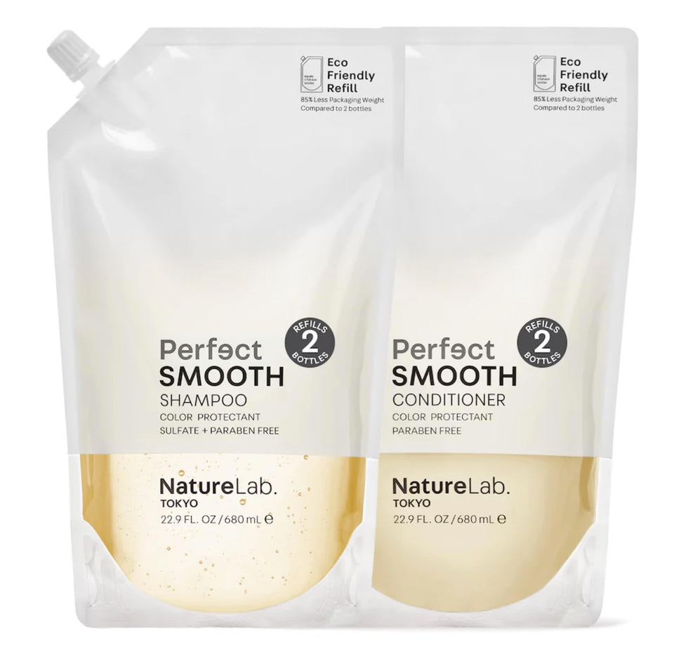 NatureLab TOKYO Perfect Smooth Shampoo bottle offering frizz control and lasting hydration.