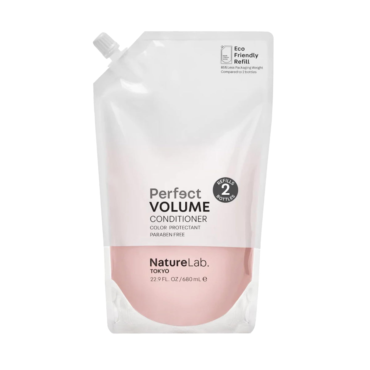 NatureLab.TOKYO Perfect Volume Conditioner bottle shows lightweight lift for fine hair.