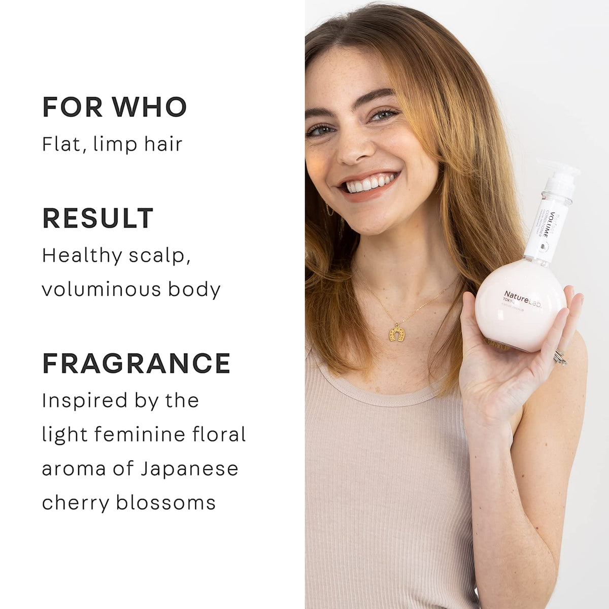 NatureLab.TOKYO Perfect Volume Conditioner dispense action reveals creamy texture.