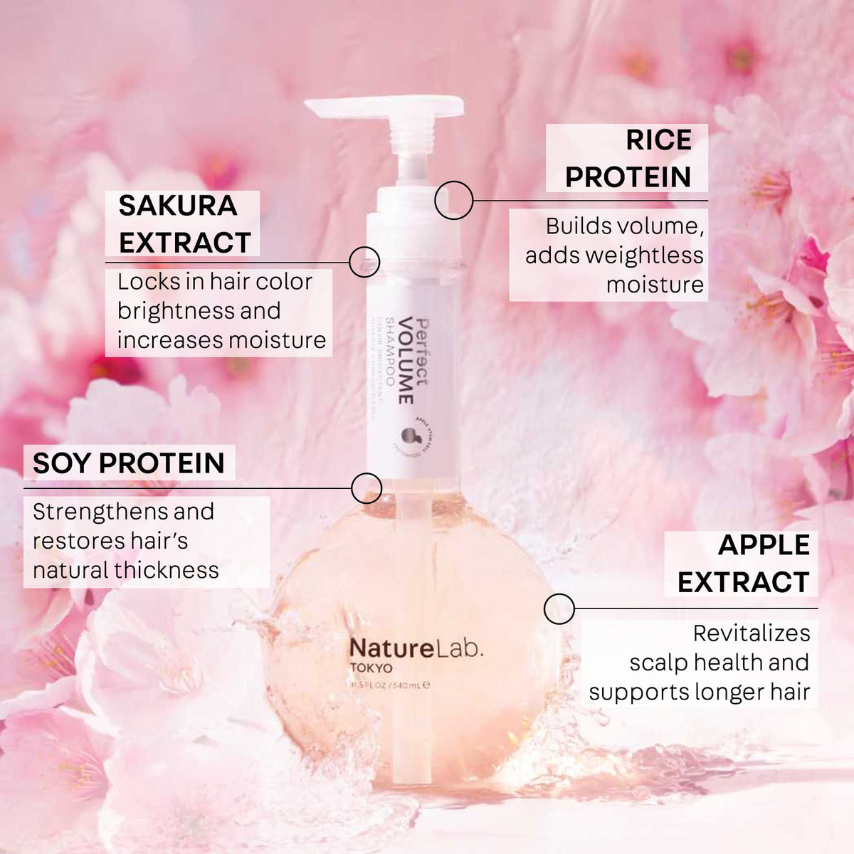 Close-up of cherry blossom scent notes on NatureLab.TOKYO shampoo bottle.