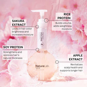 Close-up of cherry blossom scent notes on NatureLab.TOKYO shampoo bottle.