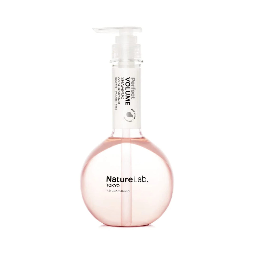 NatureLab.TOKYO Perfect Volume Shampoo bottle showing lifted strands for fuller hair.