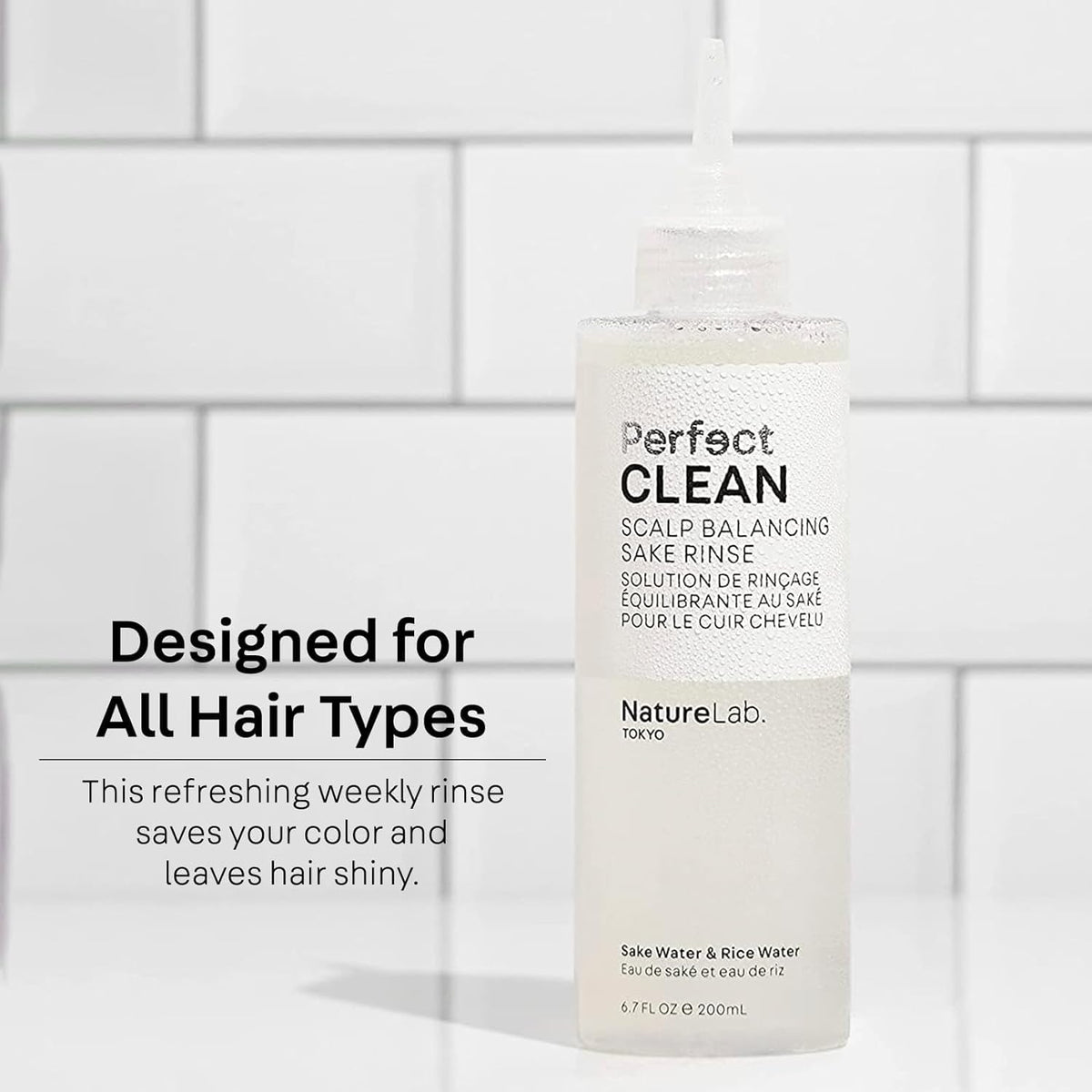 NatureLab.TOKYO Sake Rinse application shows refreshing scalp finish.