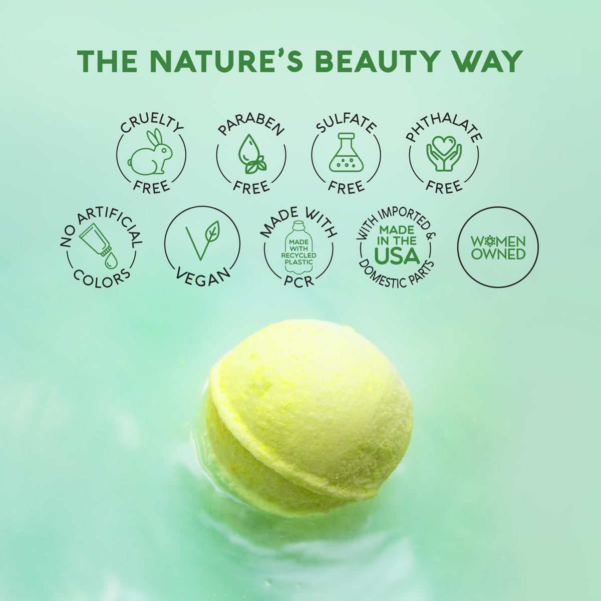 Clean vegan and cruelty-free Nature's Beauty bath bombs shown with colorful fizz
