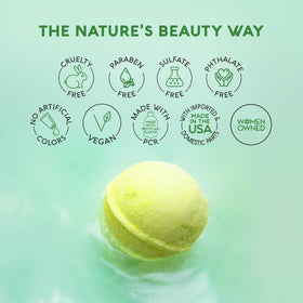 Clean vegan and cruelty-free Nature's Beauty bath bombs shown with colorful fizz