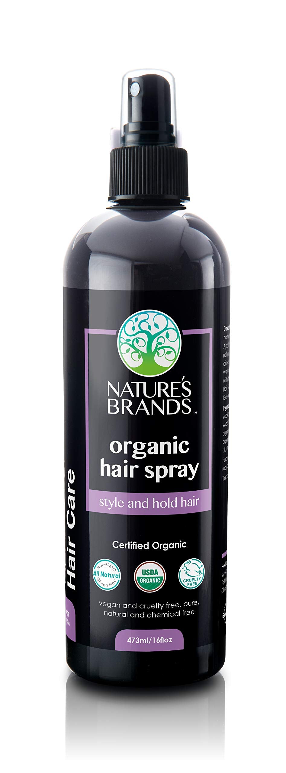 Nature's Brands Organic Hair Spray bottle with Herbal Choice Mari, natural hold and clean ingredients