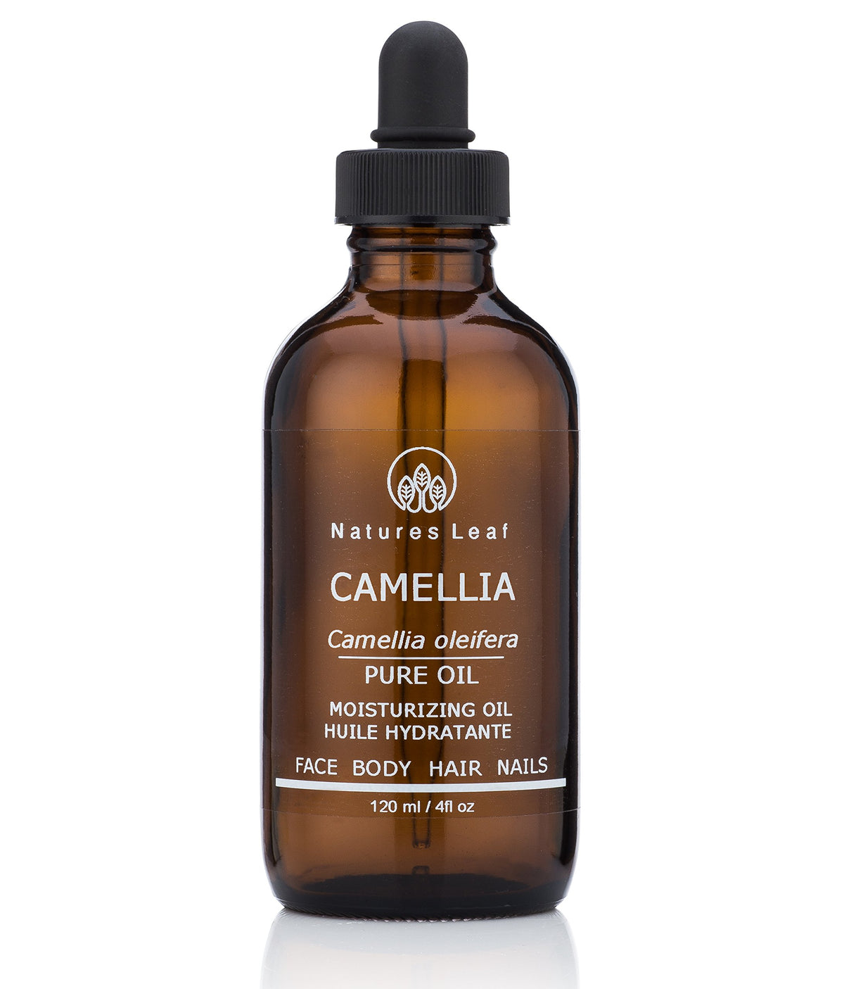 Natures Leaf Camellia Seed Oil bottle for luxurious skin and hair care.
