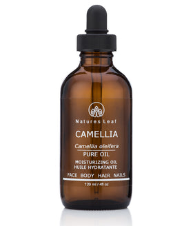 Natures Leaf Camellia Seed Oil bottle for luxurious skin and hair care.